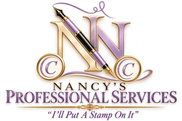 Nancy's Professional Services logo: I'll Put A Stamp On It